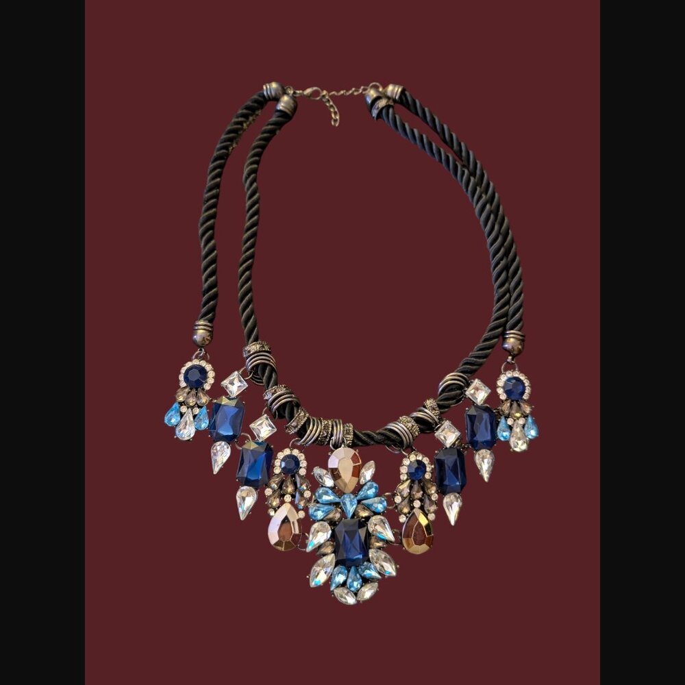 Oxidized Silver Rhinestone Cluster Black Rope Double Strand Chunky Necklace 20"
